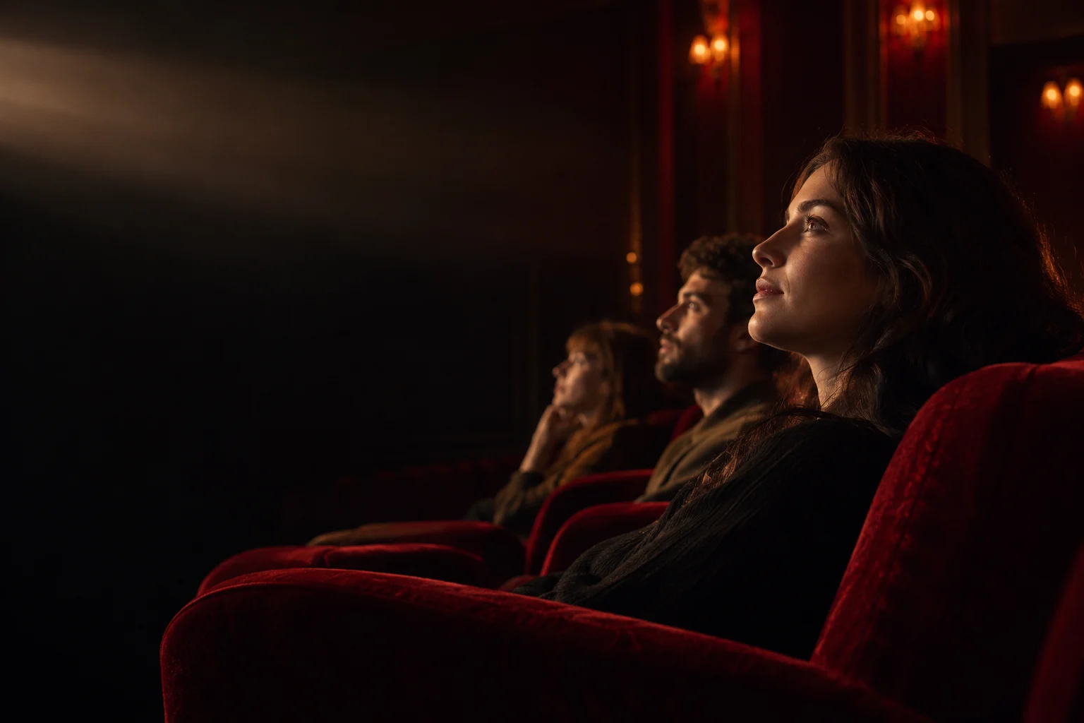 Público assistindo a um filme em sala de cinema