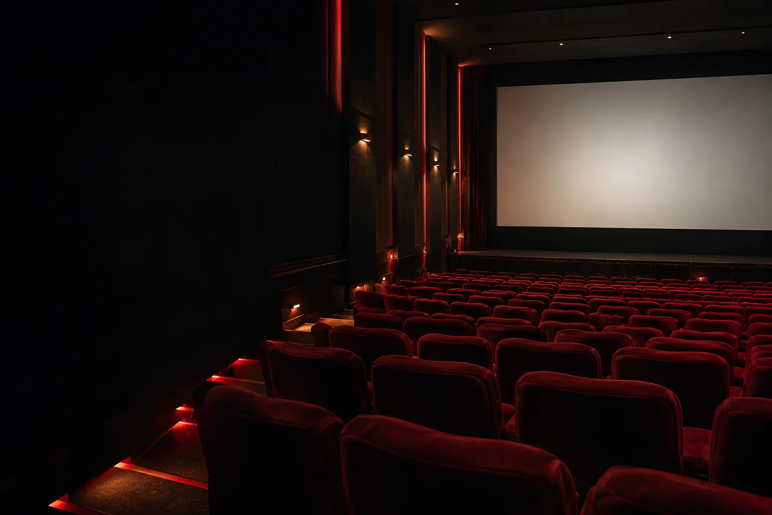 Sala de cinema com poltronas vermelhas e tela iluminada