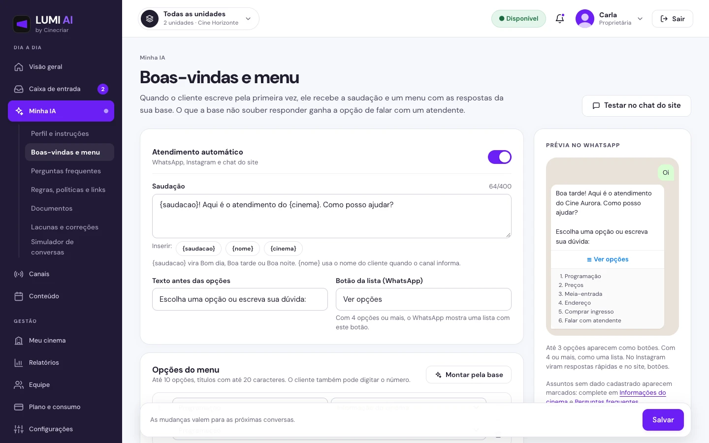 Configuração da saudação e do menu de botões na LUMI