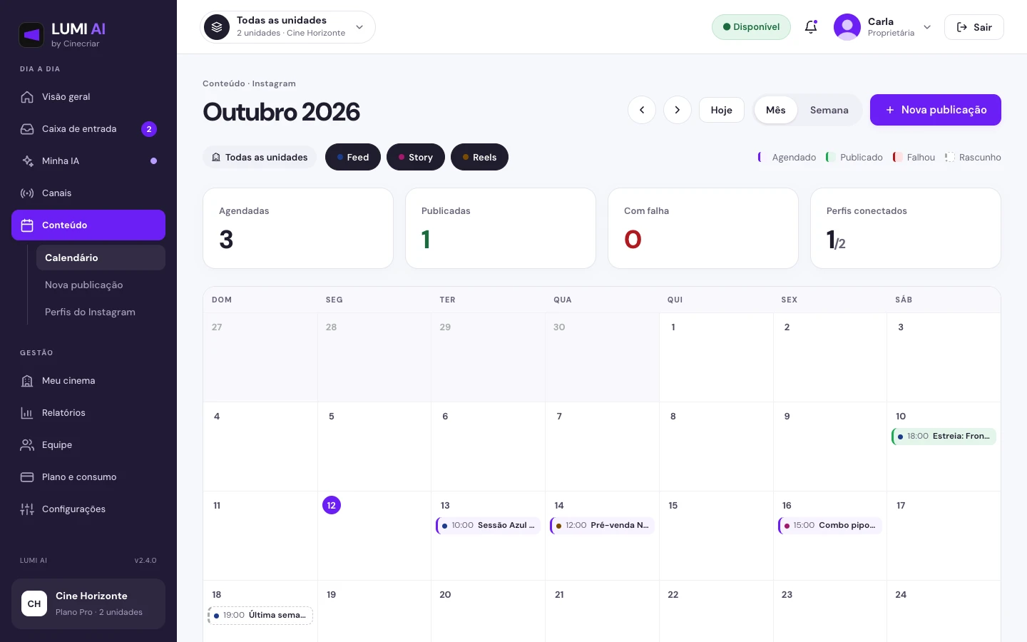 Calendário de publicações do Instagram na LUMI