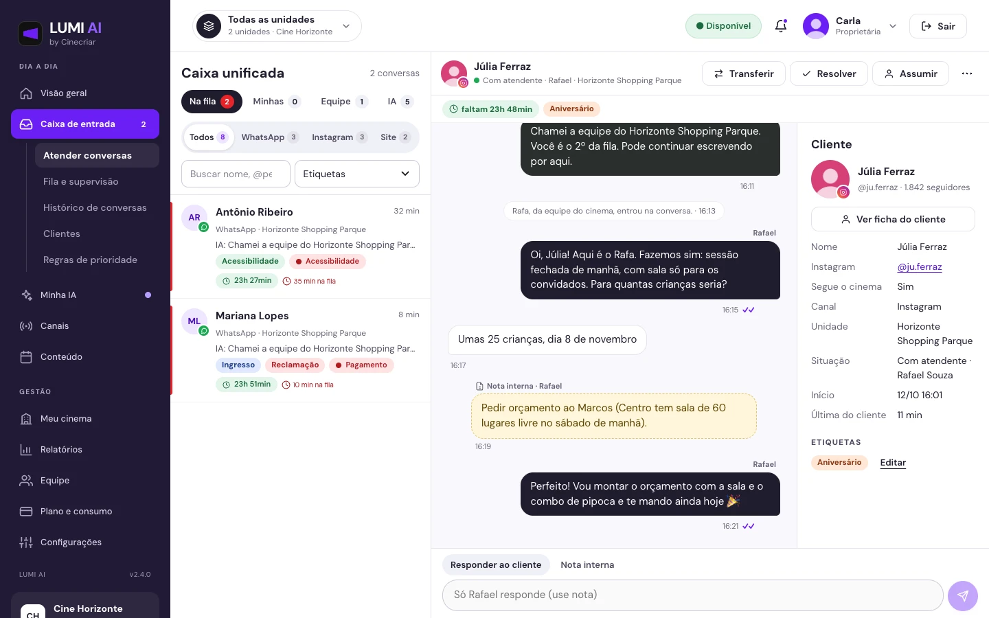 Caixa de entrada da LUMI com uma conversa do Instagram atendida pela equipe