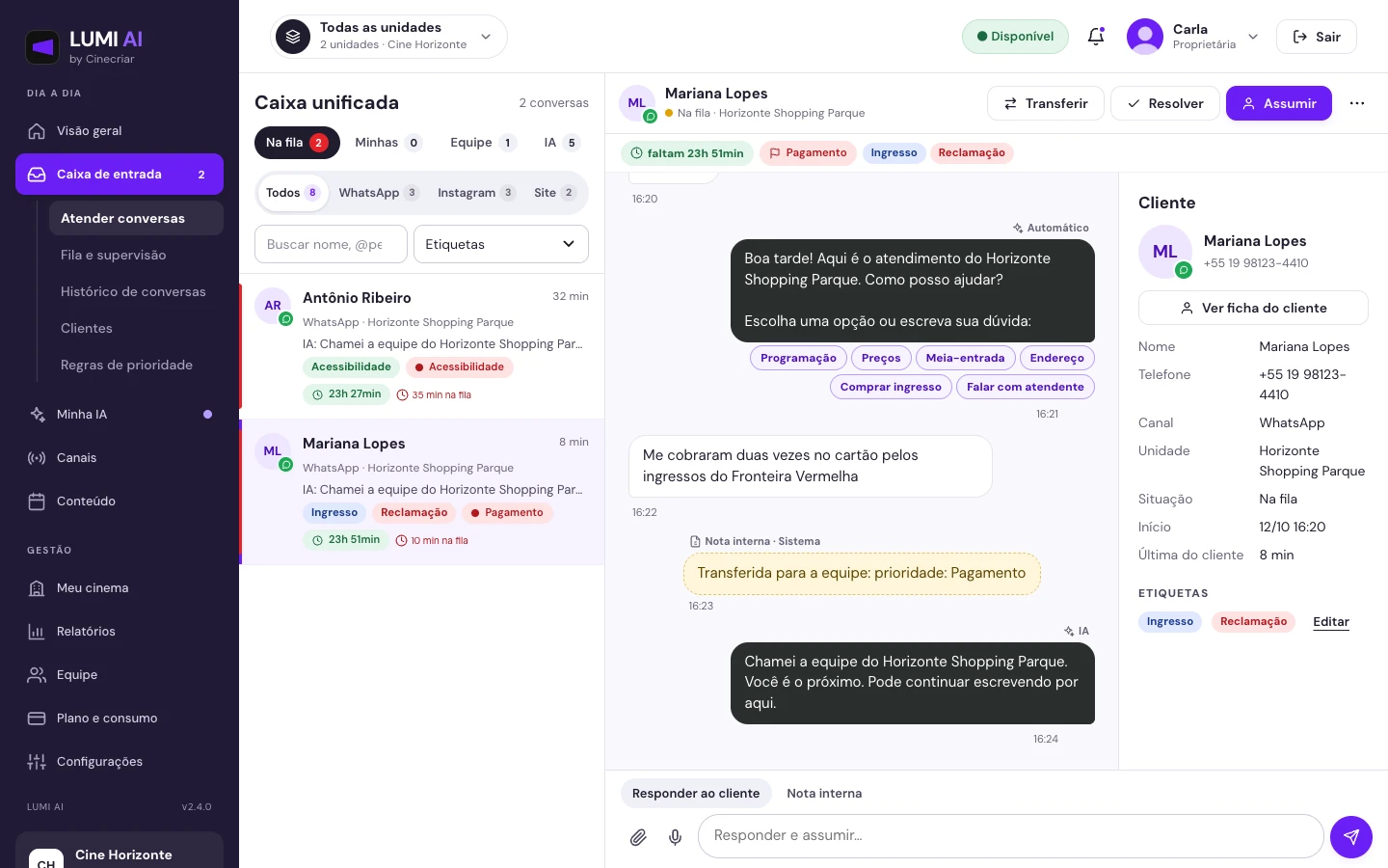 Fila da LUMI com uma conversa de cobrança em duplicidade marcada como prioridade